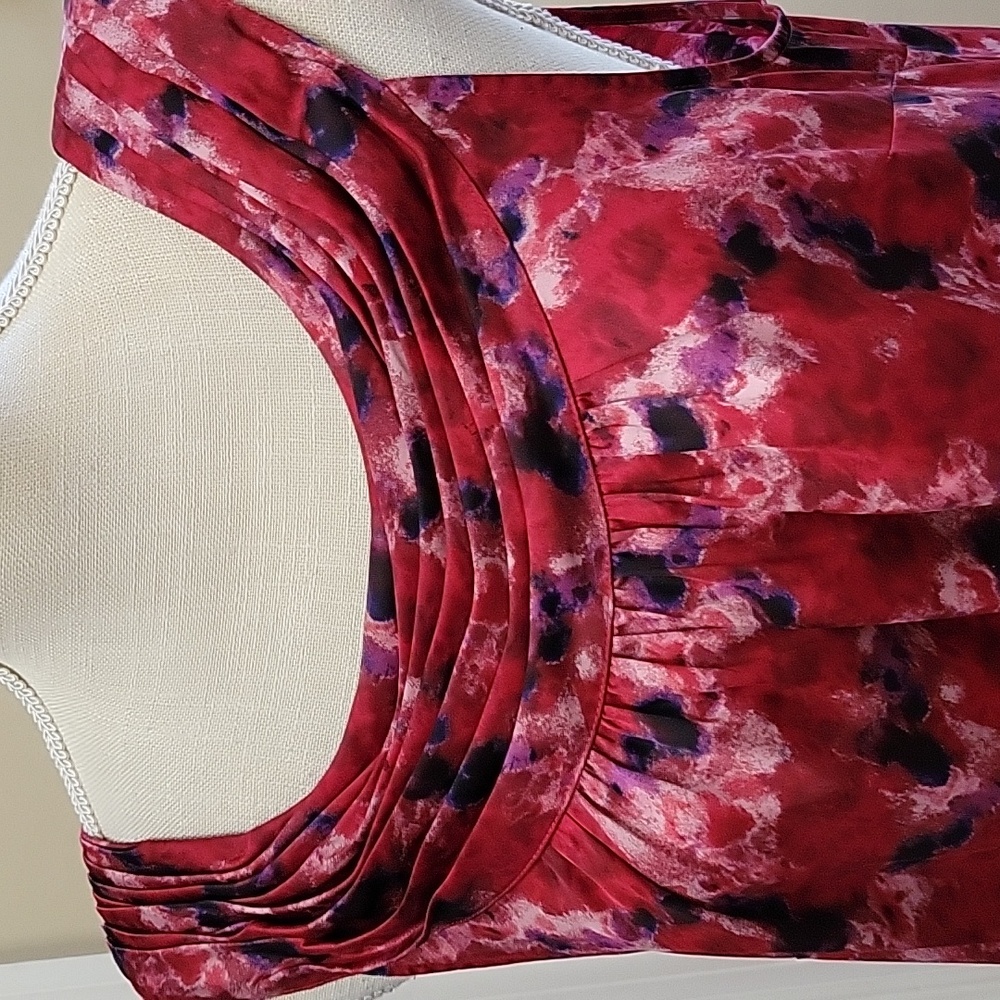Ann Taylor Loft sleeveless top red purple print gathered neck stretch Large EUC - Picture 2 of 6